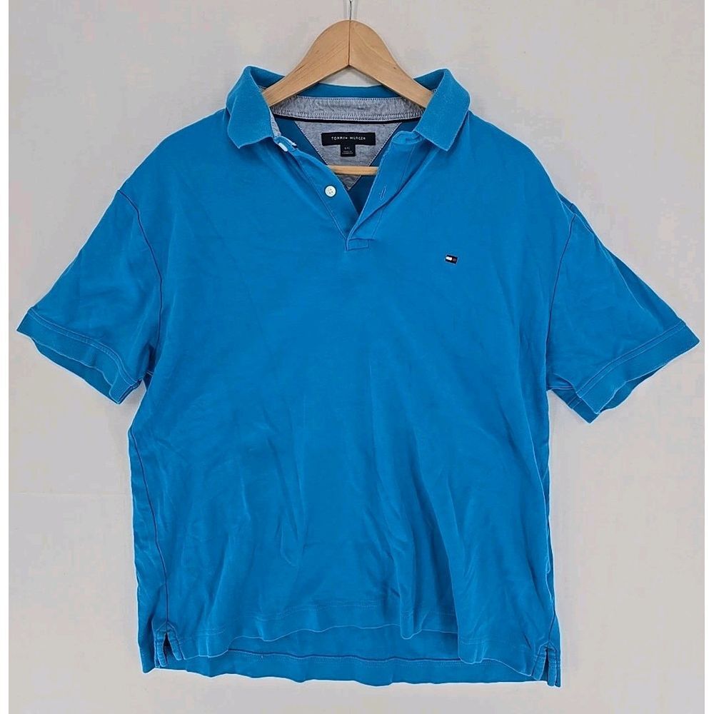 Tommy‎ Hilfiger Polo Shirt Mens L Cotton Blue Short Sleeve Classic - Soft Nice